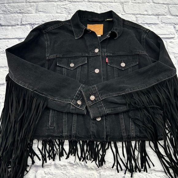 Levis Womens Ex-Boyfriend Trucker Jacket Black Denim Fringe Western Size S - Picture 3 of 13